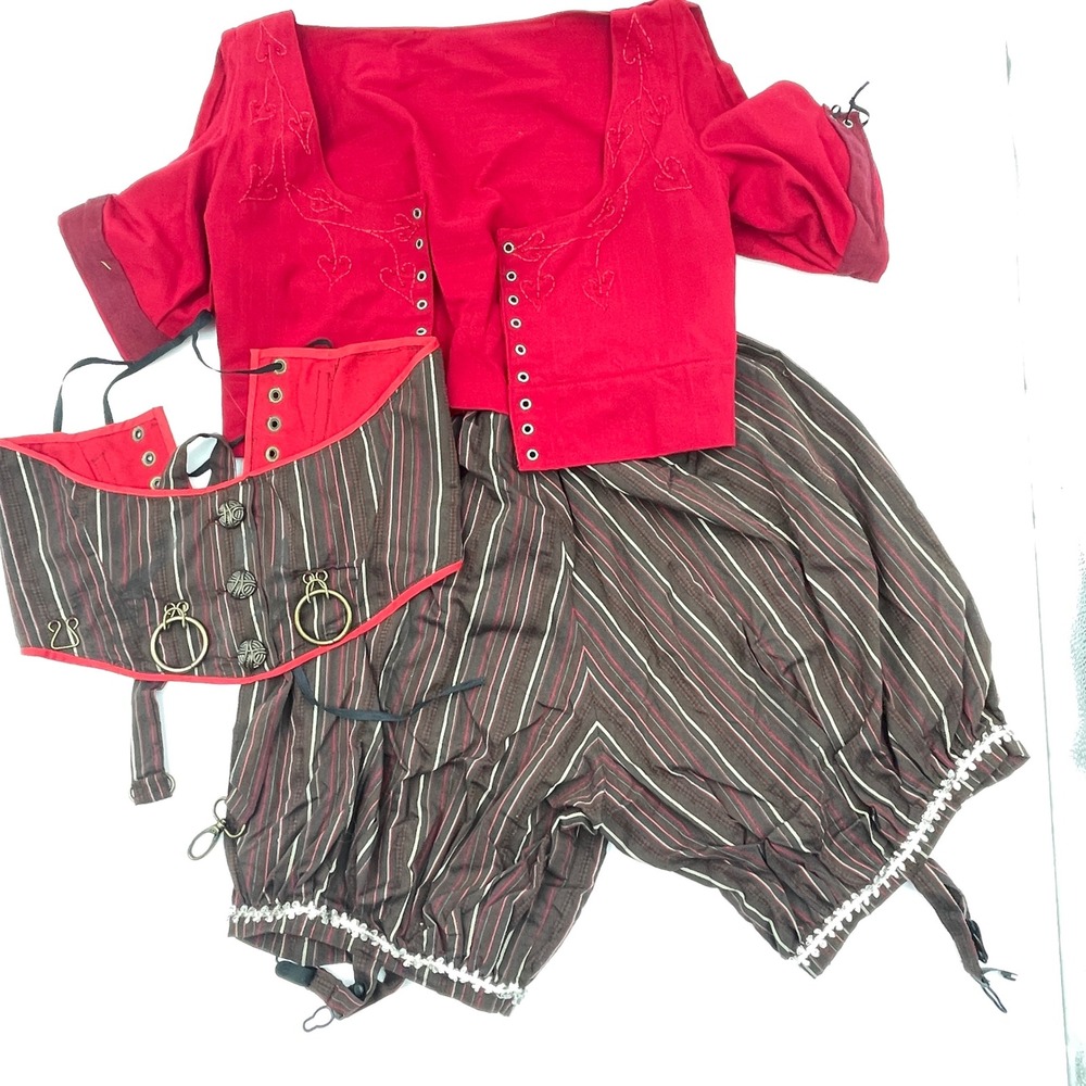 3pc Steampunk Pirate Costume Set Red Embroidered Top Striped Corset Bloomers